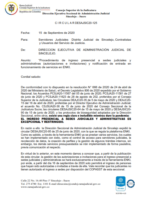 CIRCULAR DESAJSIC20-97 REPARTO TUTELAS, HABEAS CORPUS Y DEMANDAS DISTRITO JUDICIAL DE SINCELEJO